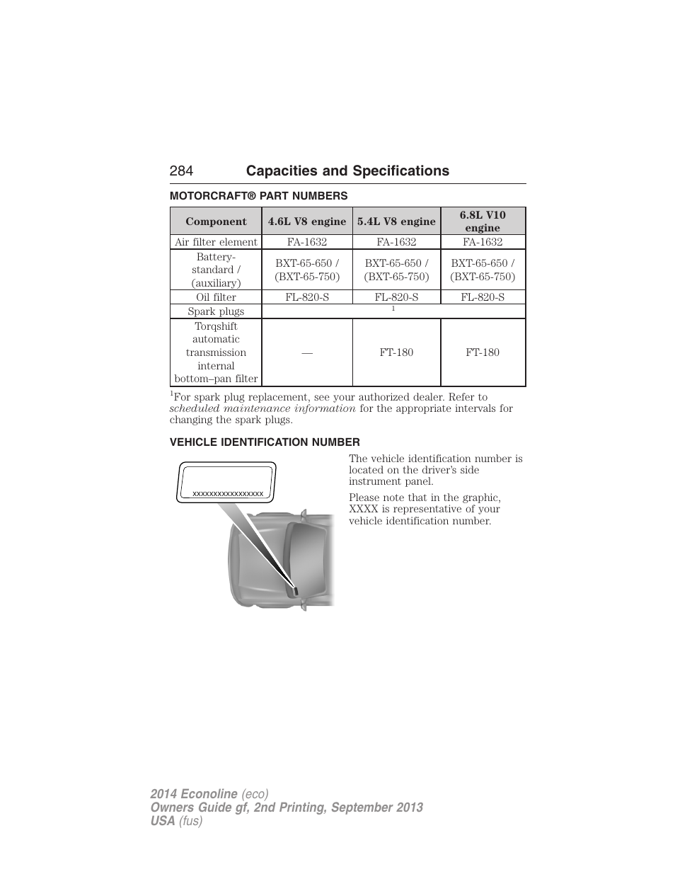 Motorcraft® part numbers, Vehicle identification number, Part numbers | 284 capacities and specifications | FORD 2014 E-450 v.2 User Manual | Page 285 / 443