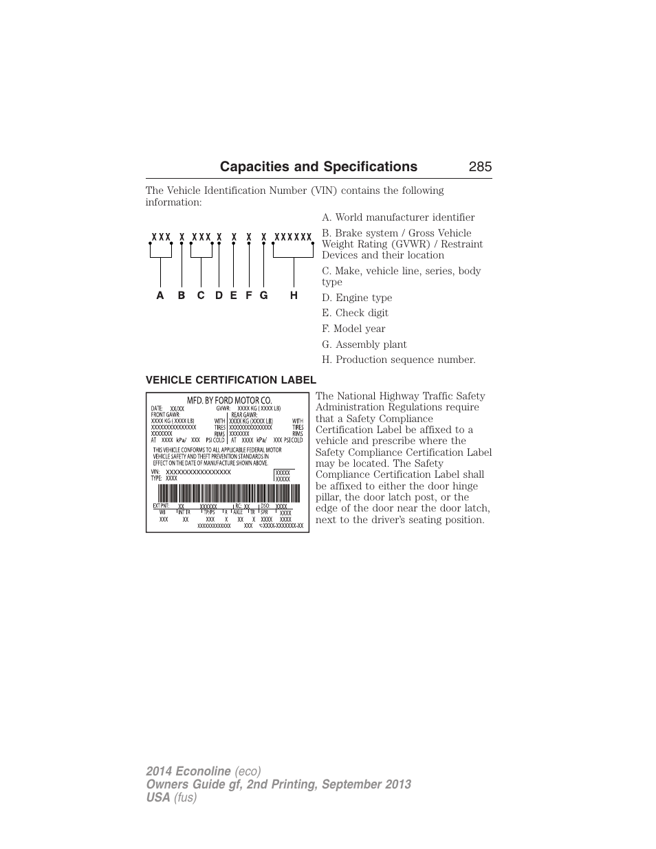 Vehicle certification label, Capacities and specifications 285 | FORD 2014 E-450 v.2 User Manual | Page 286 / 443
