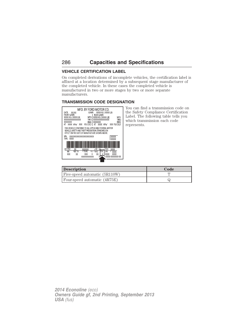 Vehicle certification label, Transmission code designation, 286 capacities and specifications | FORD 2014 E-450 v.2 User Manual | Page 287 / 443