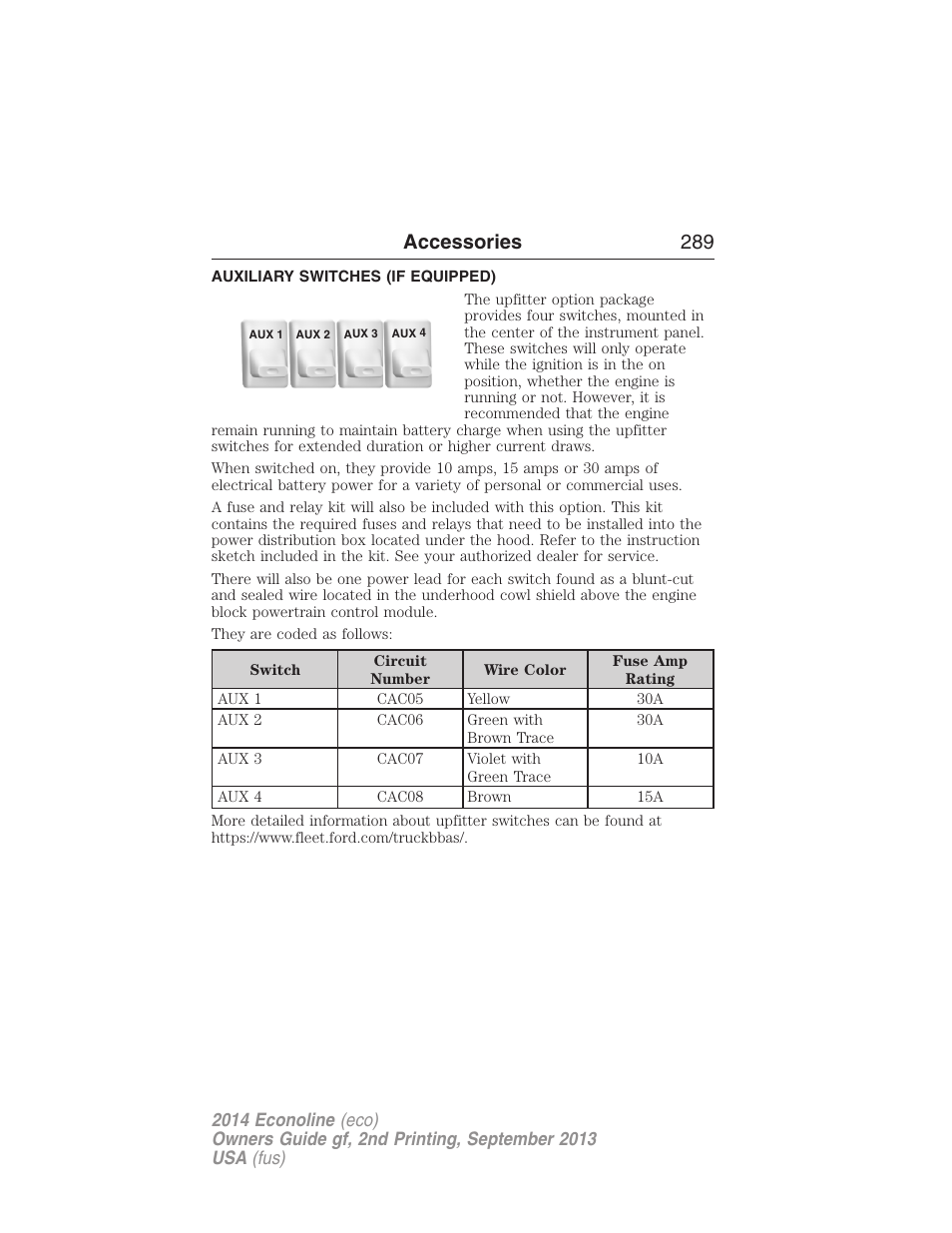 Auxiliary switches (if equipped), Upfitter controls, Accessories 289 | FORD 2014 E-450 v.2 User Manual | Page 290 / 443