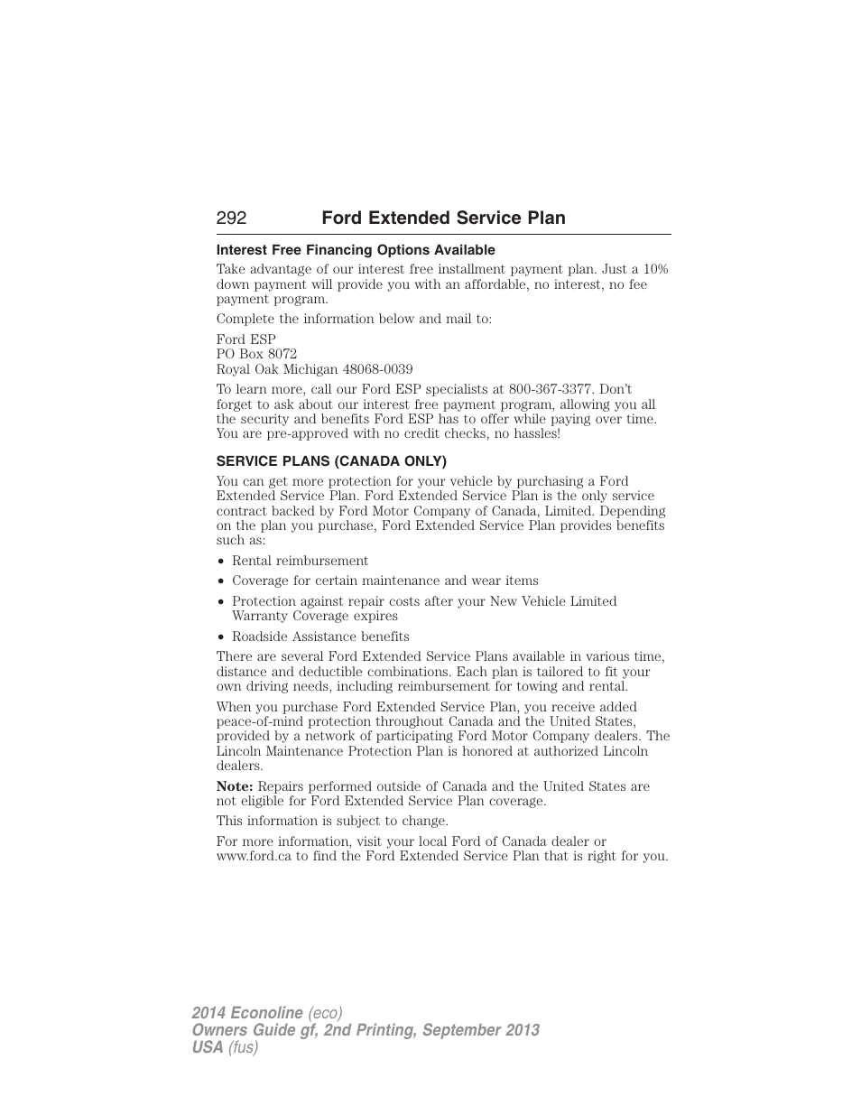 Interest free financing options available, Service plans (canada only), 292 ford extended service plan | FORD 2014 E-450 v.2 User Manual | Page 293 / 443