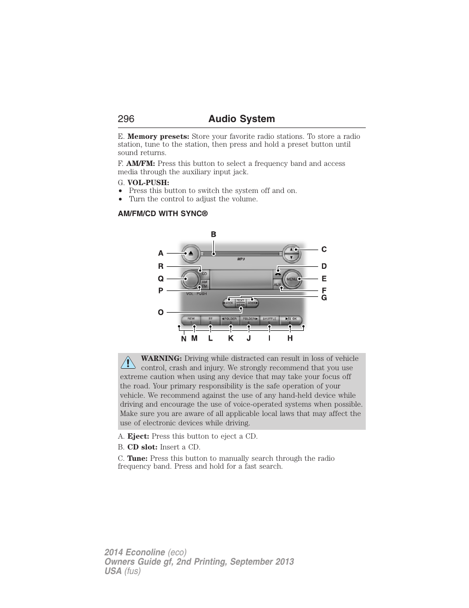 Am/fm/cd with sync, 296 audio system | FORD 2014 E-450 v.2 User Manual | Page 297 / 443