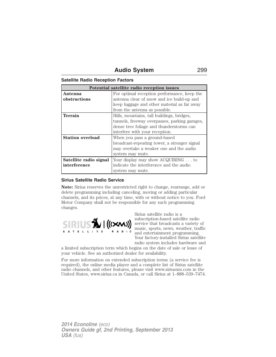 Satellite radio reception factors, Sirius satellite radio service, Audio system 299 | FORD 2014 E-450 v.2 User Manual | Page 300 / 443