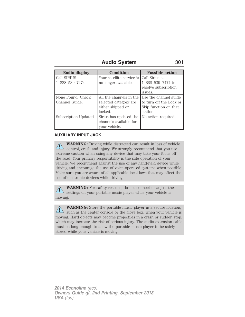 Auxiliary input jack, Audio system 301 | FORD 2014 E-450 v.2 User Manual | Page 302 / 443