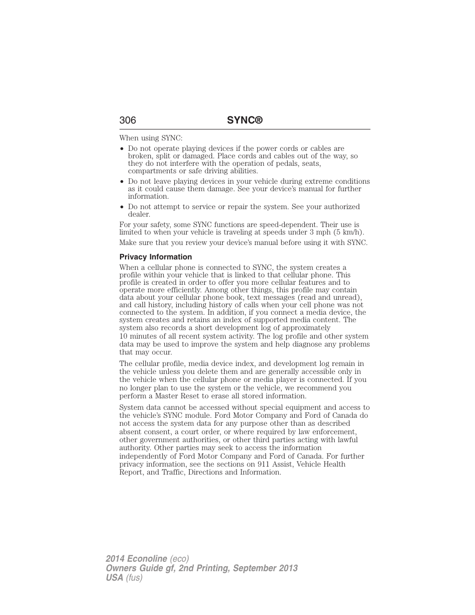 Privacy information, 306 sync | FORD 2014 E-450 v.2 User Manual | Page 307 / 443