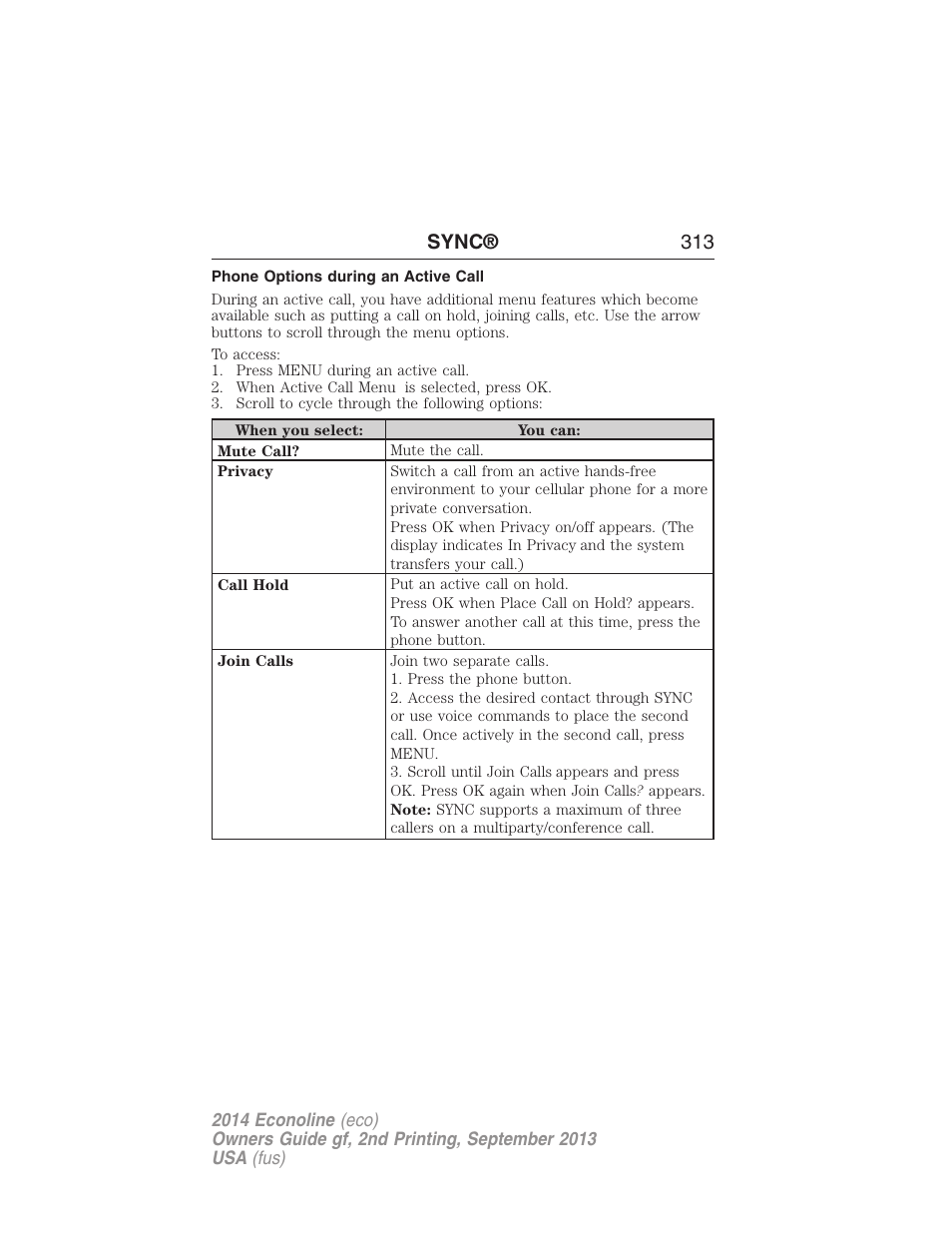 Phone options during an active call, Sync® 313 | FORD 2014 E-450 v.2 User Manual | Page 314 / 443