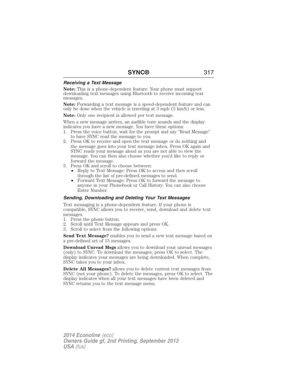 Receiving a text message, Sync® 317 | FORD 2014 E-450 v.2 User Manual | Page 318 / 443