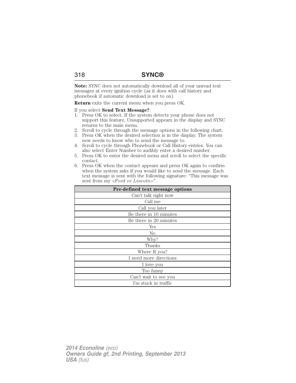 318 sync | FORD 2014 E-450 v.2 User Manual | Page 319 / 443
