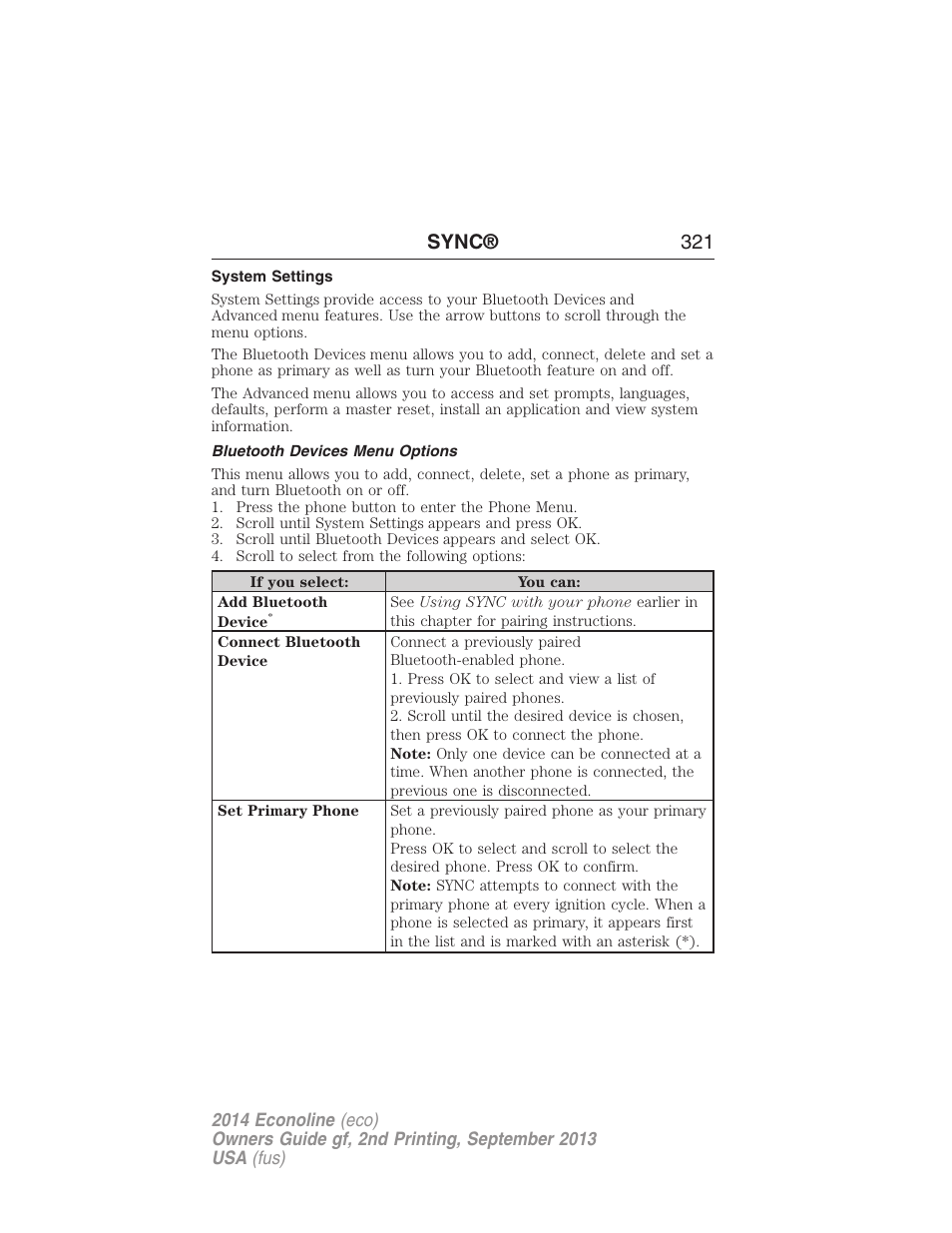 System settings, Bluetooth devices menu options, Sync® 321 | FORD 2014 E-450 v.2 User Manual | Page 322 / 443