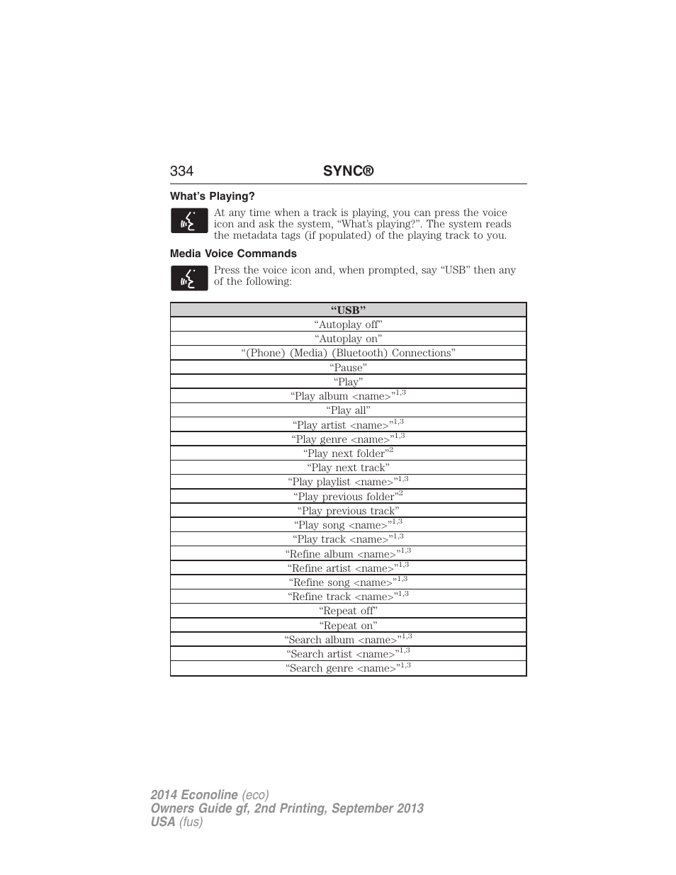 What’s playing, Media voice commands, 334 sync | FORD 2014 E-450 v.2 User Manual | Page 335 / 443
