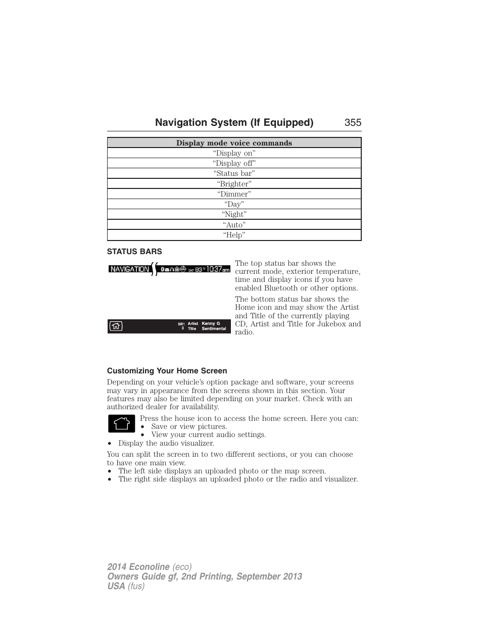 Status bars, Customizing your home screen, Navigation system (if equipped) 355 | FORD 2014 E-450 v.2 User Manual | Page 356 / 443