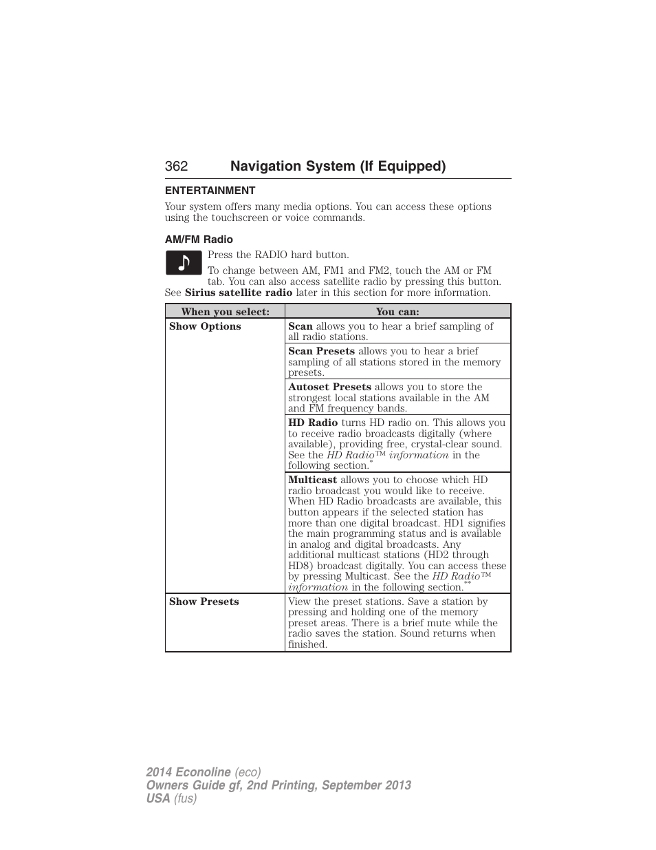 Entertainment, Am/fm radio, Accessing media features | 362 navigation system (if equipped) | FORD 2014 E-450 v.2 User Manual | Page 363 / 443