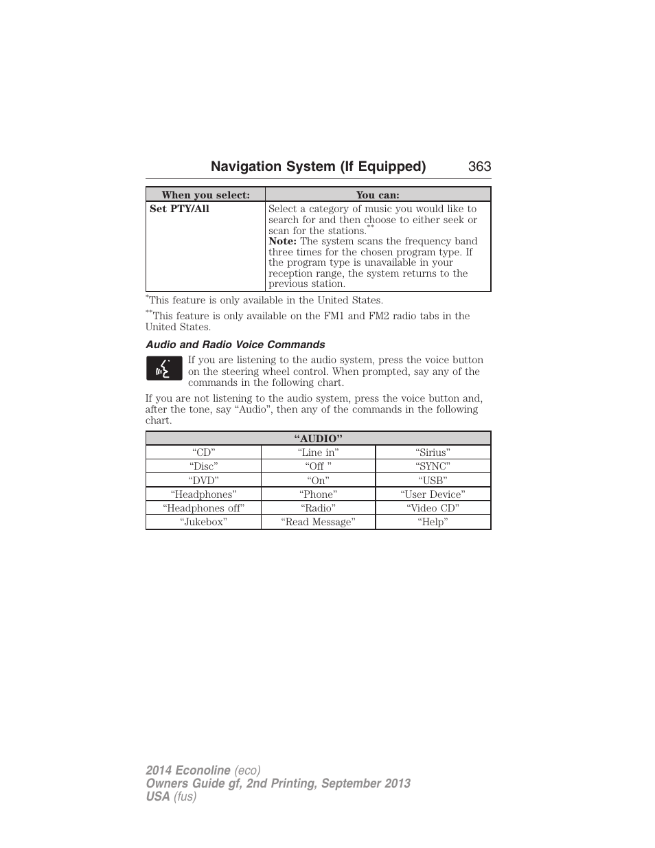 Audio and radio voice commands, Navigation system (if equipped) 363 | FORD 2014 E-450 v.2 User Manual | Page 364 / 443