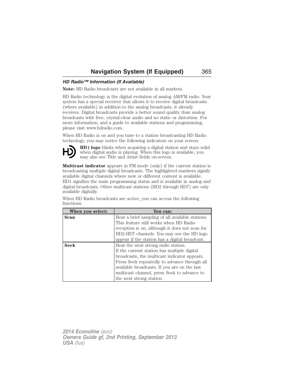 Hd radio™ information (if available), Navigation system (if equipped) 365 | FORD 2014 E-450 v.2 User Manual | Page 366 / 443