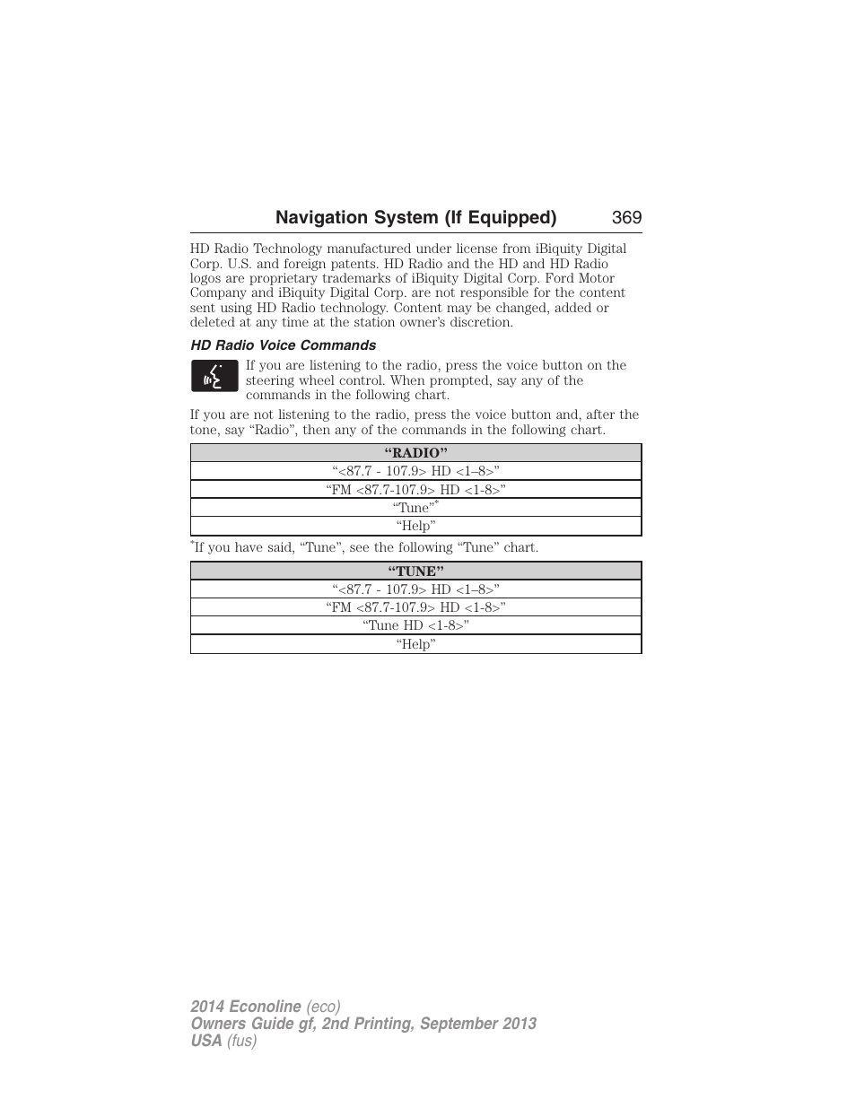 Hd radio voice commands, Navigation system (if equipped) 369 | FORD 2014 E-450 v.2 User Manual | Page 370 / 443