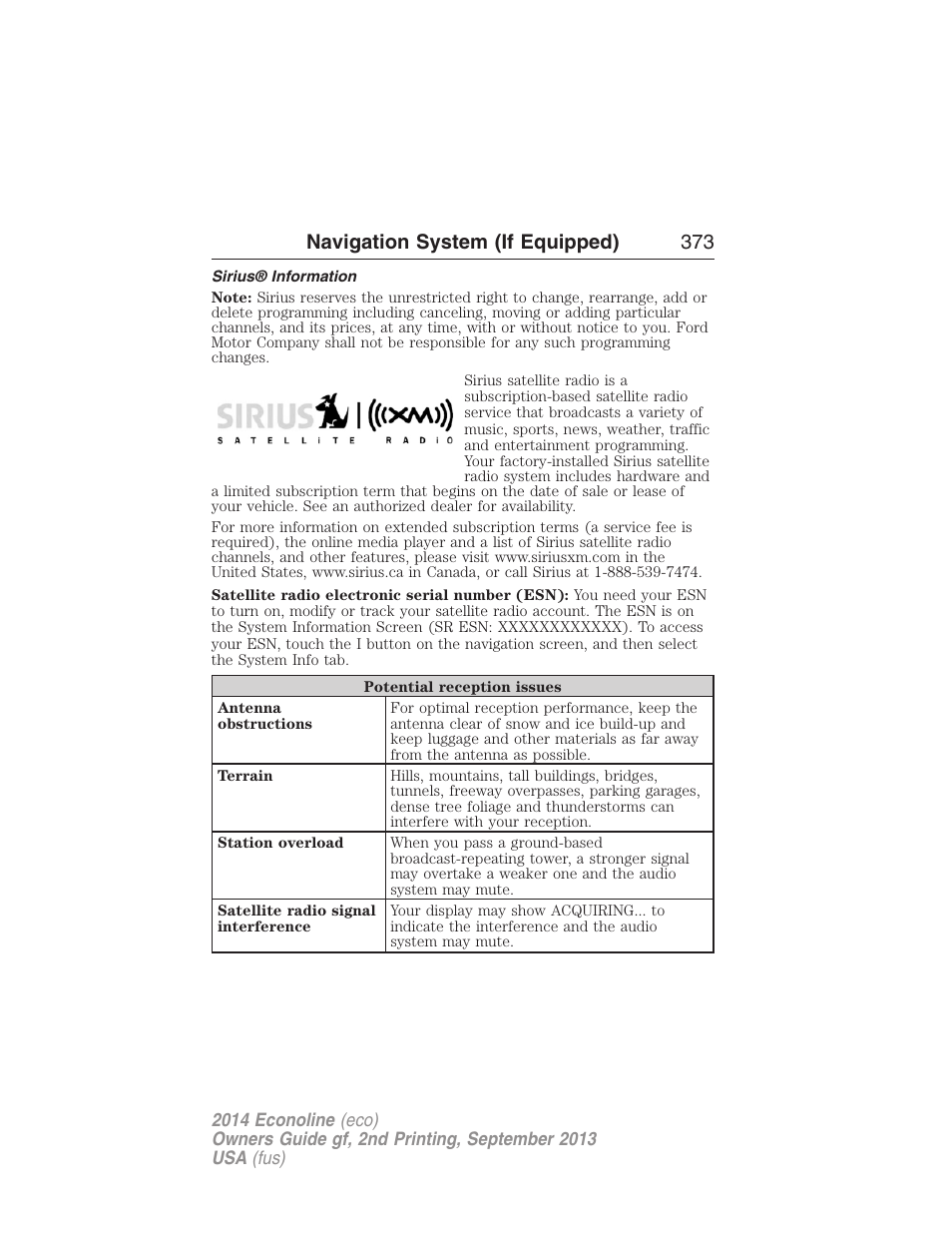 Sirius® information, Navigation system (if equipped) 373 | FORD 2014 E-450 v.2 User Manual | Page 374 / 443