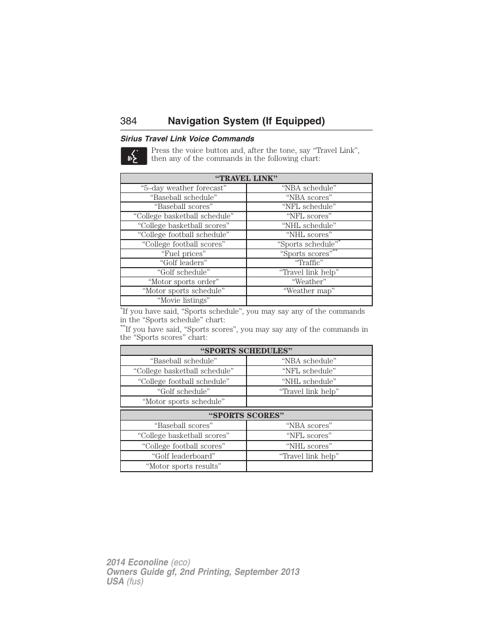 Sirius travel link voice commands, 384 navigation system (if equipped) | FORD 2014 E-450 v.2 User Manual | Page 385 / 443