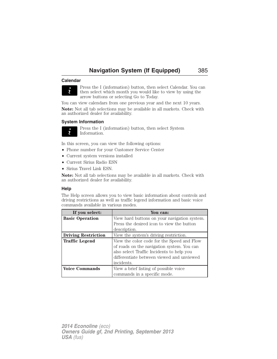 Calendar, System information, Help | Accessing the help screen, Navigation system (if equipped) 385 | FORD 2014 E-450 v.2 User Manual | Page 386 / 443