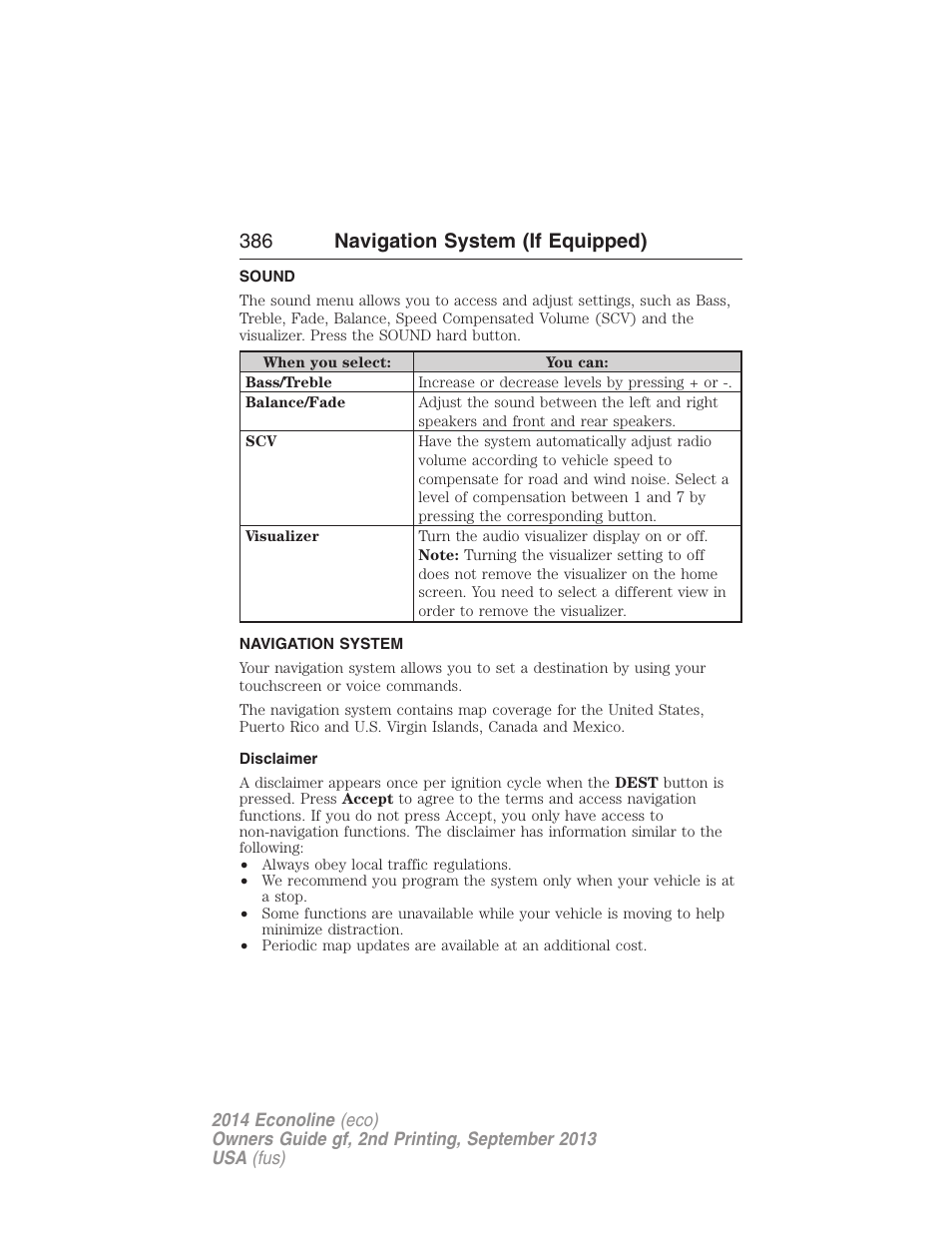 Sound, Navigation system, Disclaimer | Navigation features, 386 navigation system (if equipped) | FORD 2014 E-450 v.2 User Manual | Page 387 / 443