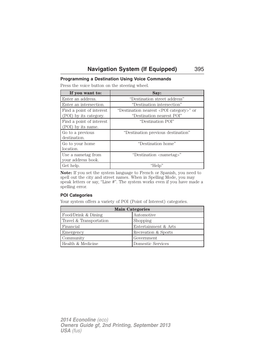 Programming a destination using voice commands, Poi categories, Navigation system (if equipped) 395 | FORD 2014 E-450 v.2 User Manual | Page 396 / 443