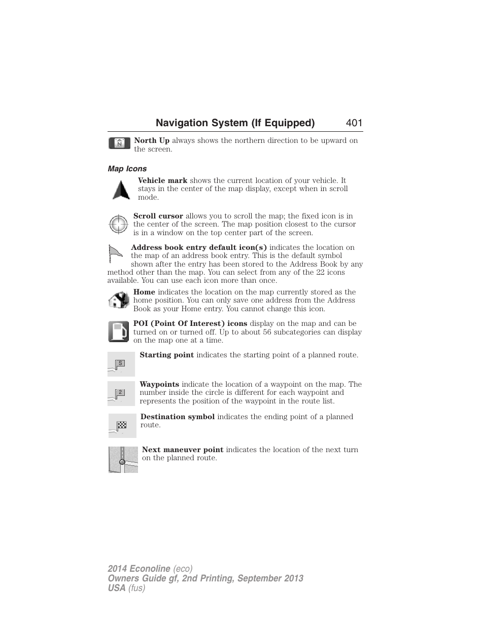 Map icons, Navigation system (if equipped) 401 | FORD 2014 E-450 v.2 User Manual | Page 402 / 443