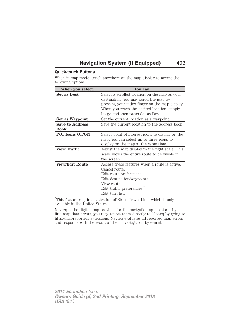 Quick-touch buttons, Navigation system (if equipped) 403 | FORD 2014 E-450 v.2 User Manual | Page 404 / 443