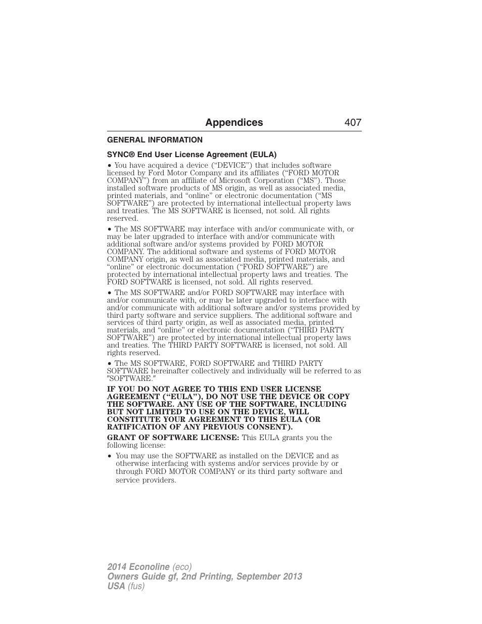 Appendices, General information, Sync® end user license agreement (eula) | Appendices 407 | FORD 2014 E-450 v.2 User Manual | Page 408 / 443