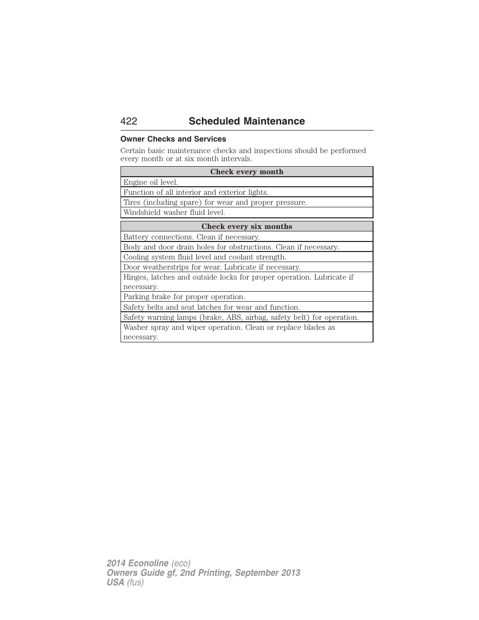 Owner checks and services, 422 scheduled maintenance | FORD 2014 E-450 v.2 User Manual | Page 423 / 443