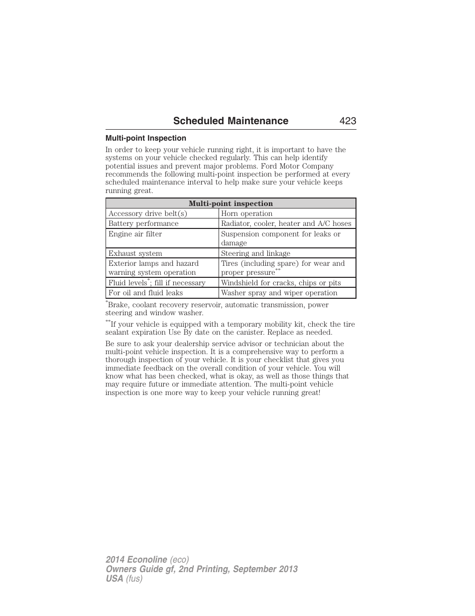 Multi-point inspection, Scheduled maintenance 423 | FORD 2014 E-450 v.2 User Manual | Page 424 / 443