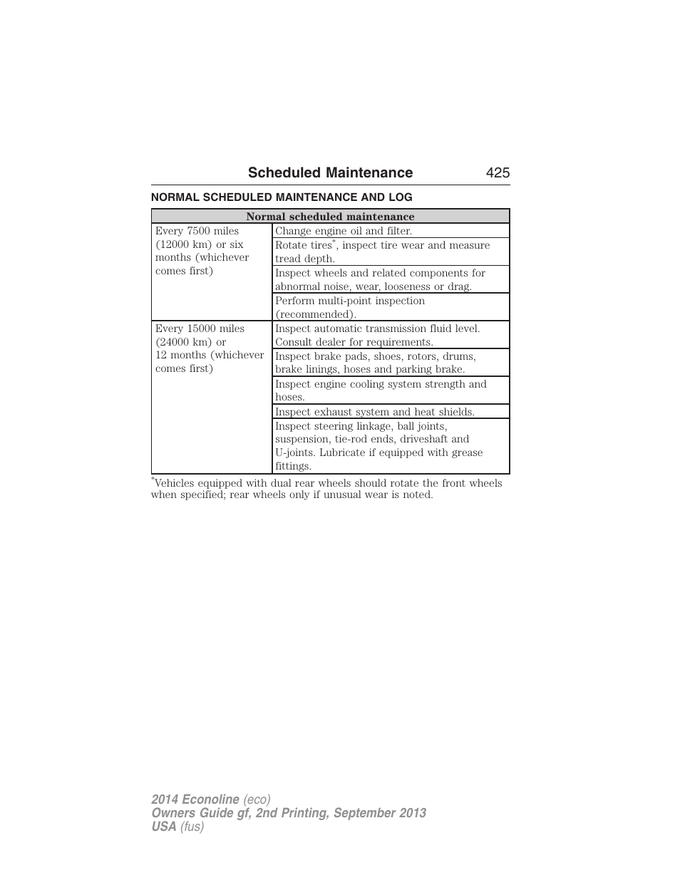 Normal scheduled maintenance and log, Scheduled maintenance 425 | FORD 2014 E-450 v.2 User Manual | Page 426 / 443