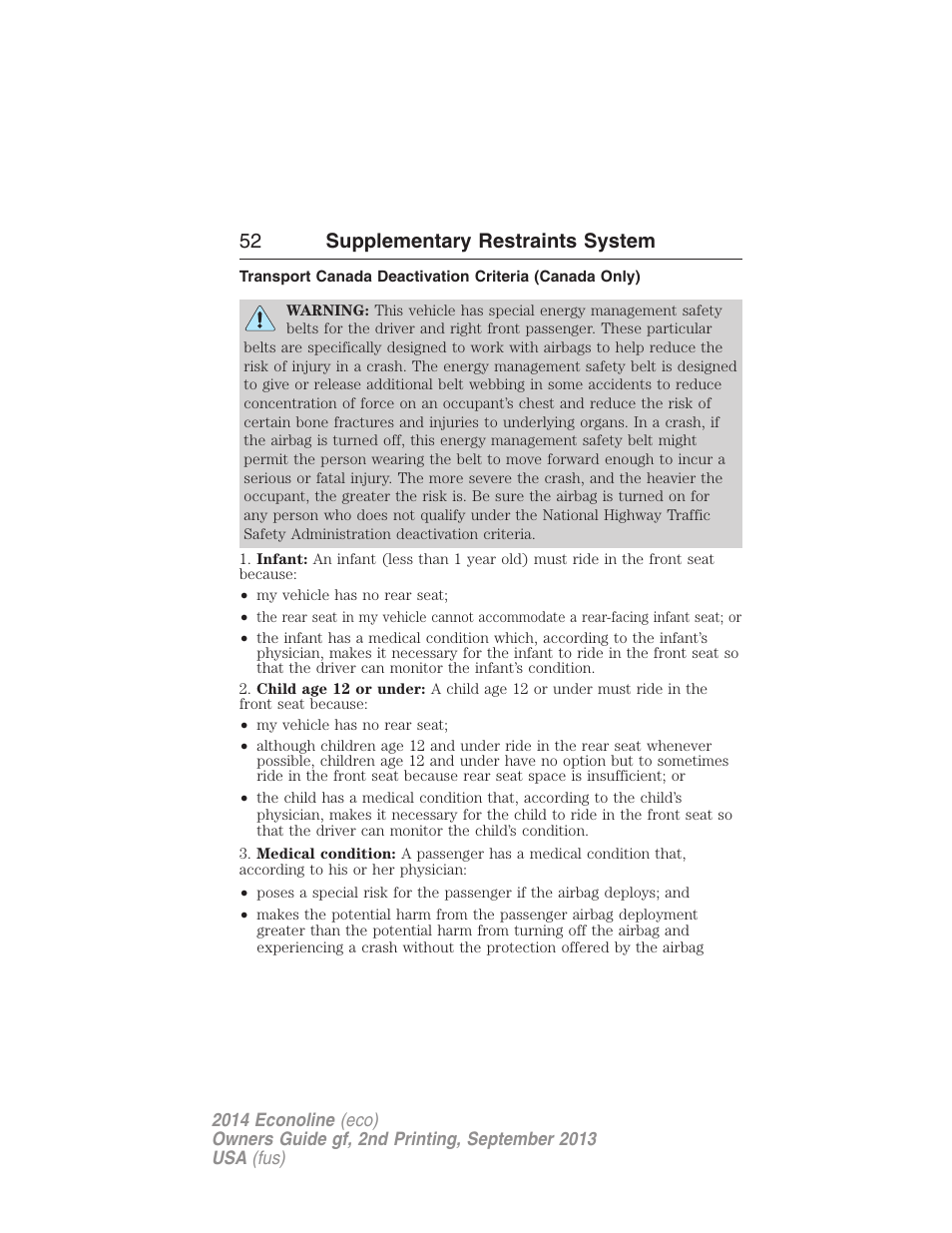 52 supplementary restraints system | FORD 2014 E-450 v.2 User Manual | Page 53 / 443