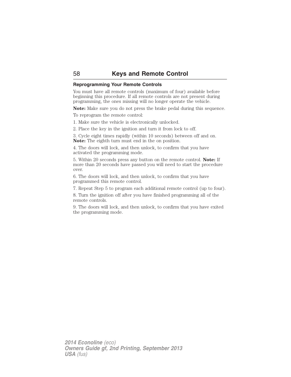 Reprogramming your remote controls, 58 keys and remote control | FORD 2014 E-450 v.2 User Manual | Page 59 / 443