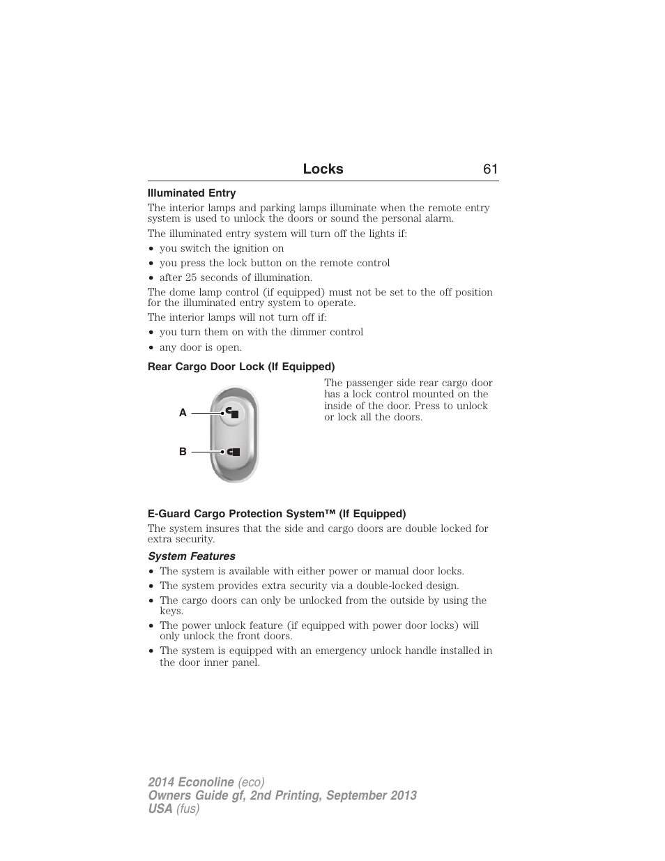 Illuminated entry, Rear cargo door lock (if equipped), E-guard cargo protection system™ (if equipped) | System features, Locks 61 | FORD 2014 E-450 v.2 User Manual | Page 62 / 443
