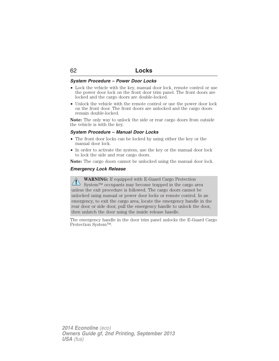System procedure – power door locks, System procedure – manual door locks, Emergency lock release | 62 locks | FORD 2014 E-450 v.2 User Manual | Page 63 / 443