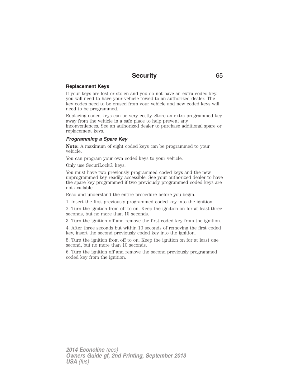 Replacement keys, Programming a spare key, Security 65 | FORD 2014 E-450 v.2 User Manual | Page 66 / 443