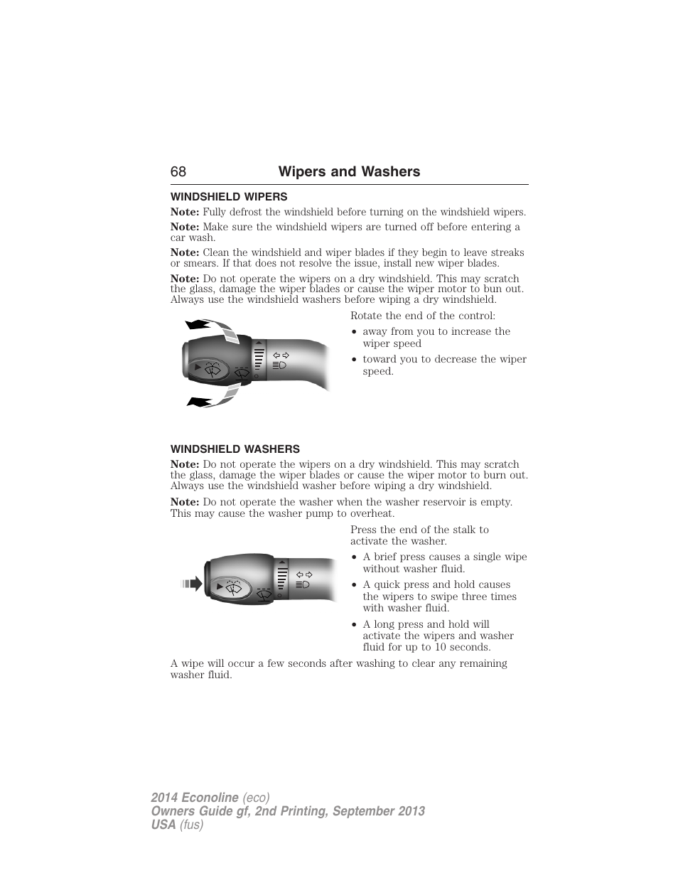 Wipers and washers, Windshield wipers, Windshield washers | 68 wipers and washers | FORD 2014 E-450 v.2 User Manual | Page 69 / 443