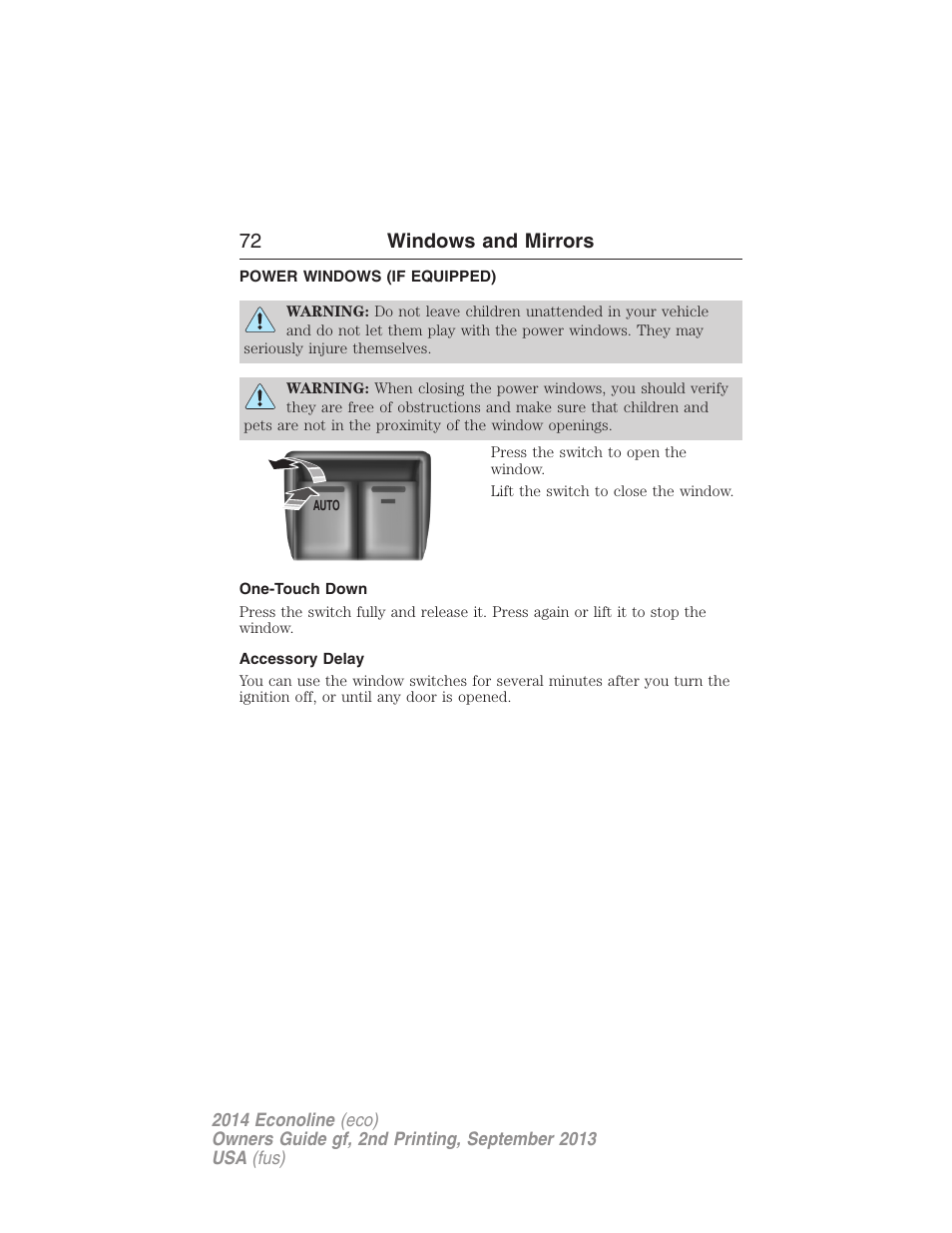 Windows and mirrors, Power windows (if equipped), One-touch down | Accessory delay, Power windows, 72 windows and mirrors | FORD 2014 E-450 v.2 User Manual | Page 73 / 443