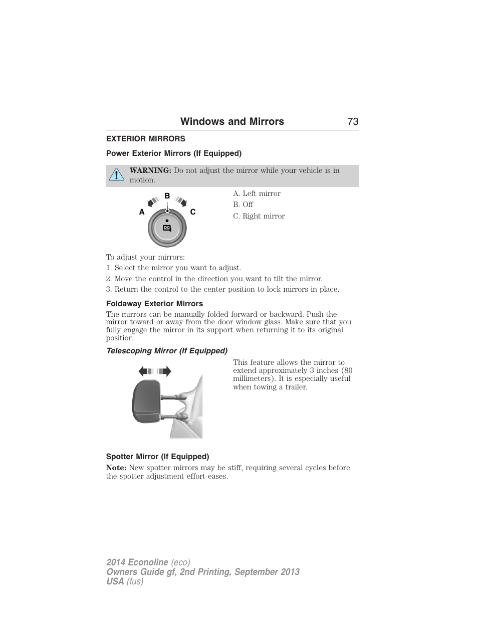 Exterior mirrors, Power exterior mirrors (if equipped), Foldaway exterior mirrors | Telescoping mirror (if equipped), Spotter mirror (if equipped), Windows and mirrors 73 | FORD 2014 E-450 v.2 User Manual | Page 74 / 443