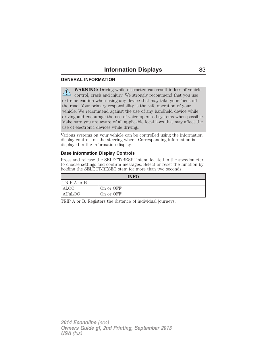 Information displays, General information, Base information display controls | Controls, Information displays 83 | FORD 2014 E-450 v.2 User Manual | Page 84 / 443