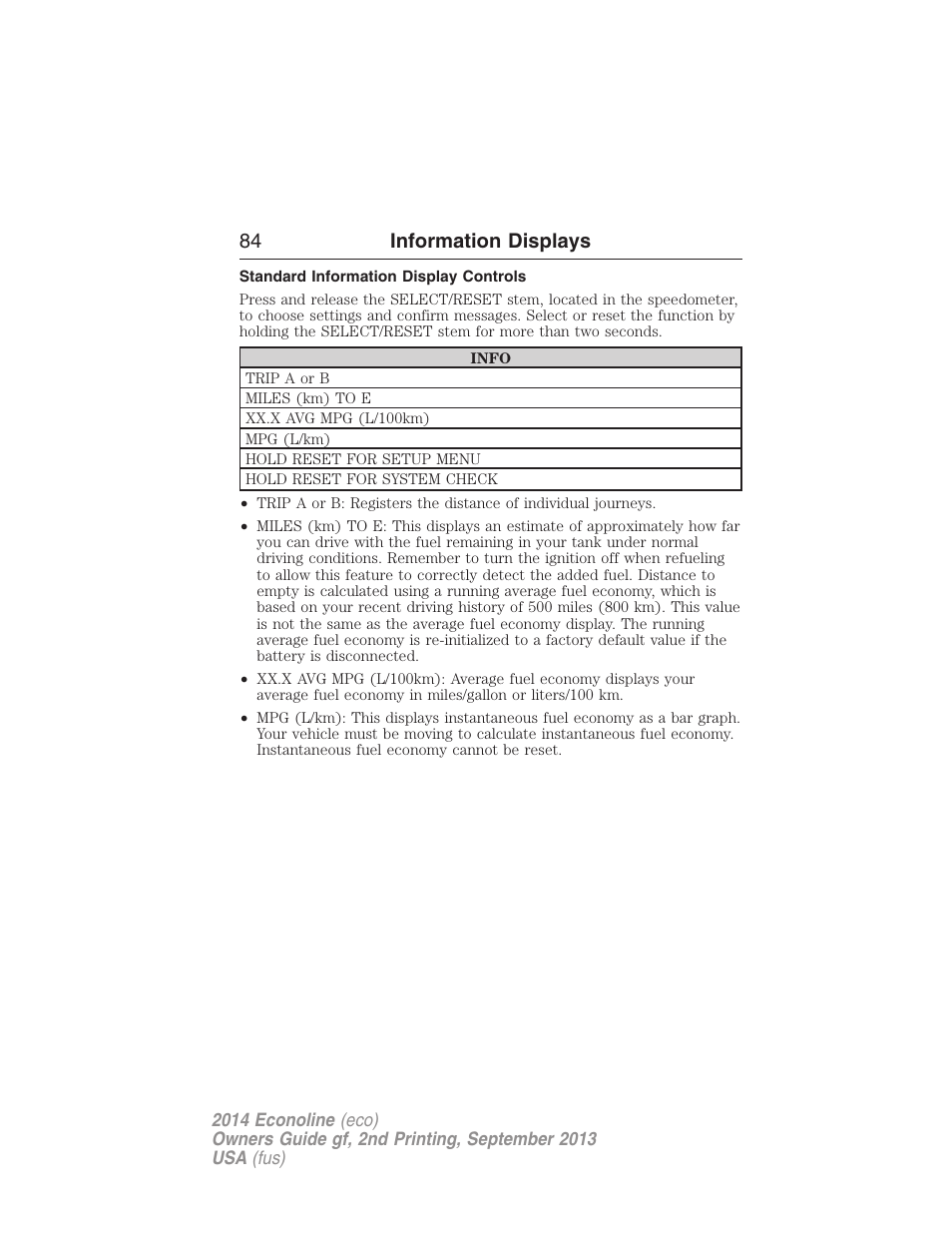 Standard information display controls, 84 information displays | FORD 2014 E-450 v.2 User Manual | Page 85 / 443