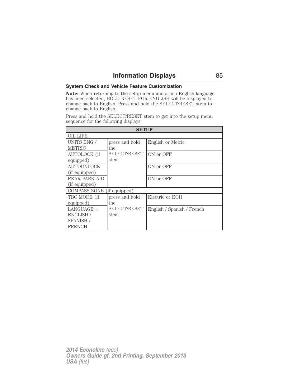 System check and vehicle feature customization, Information displays 85 | FORD 2014 E-450 v.2 User Manual | Page 86 / 443