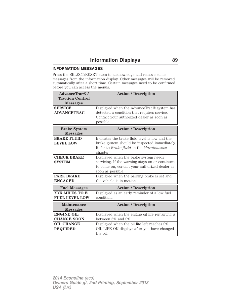 Information messages, Information displays 89 | FORD 2014 E-450 v.2 User Manual | Page 90 / 443
