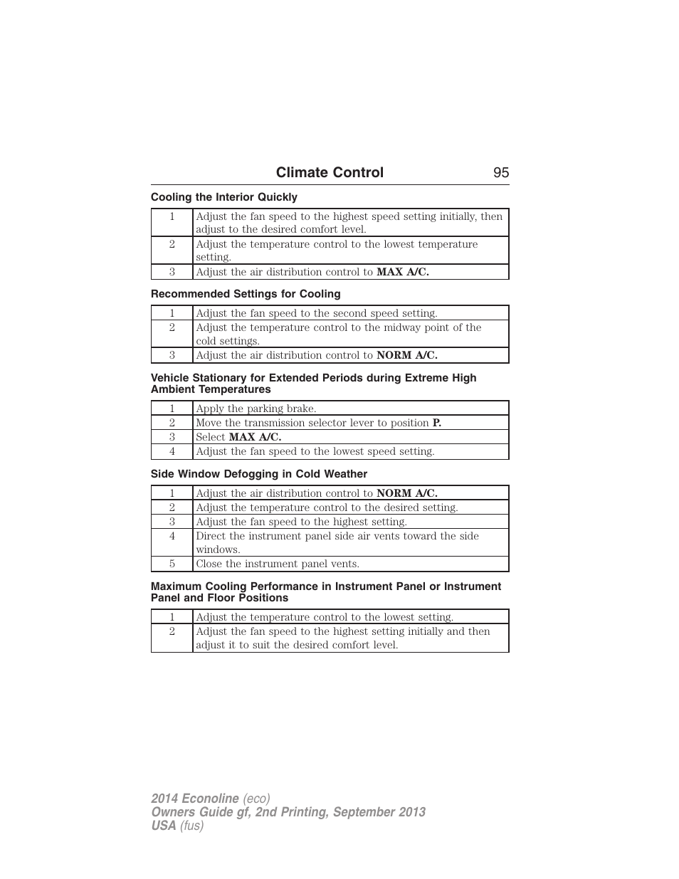 Cooling the interior quickly, Recommended settings for cooling, Side window defogging in cold weather | Climate control 95 | FORD 2014 E-450 v.2 User Manual | Page 96 / 443