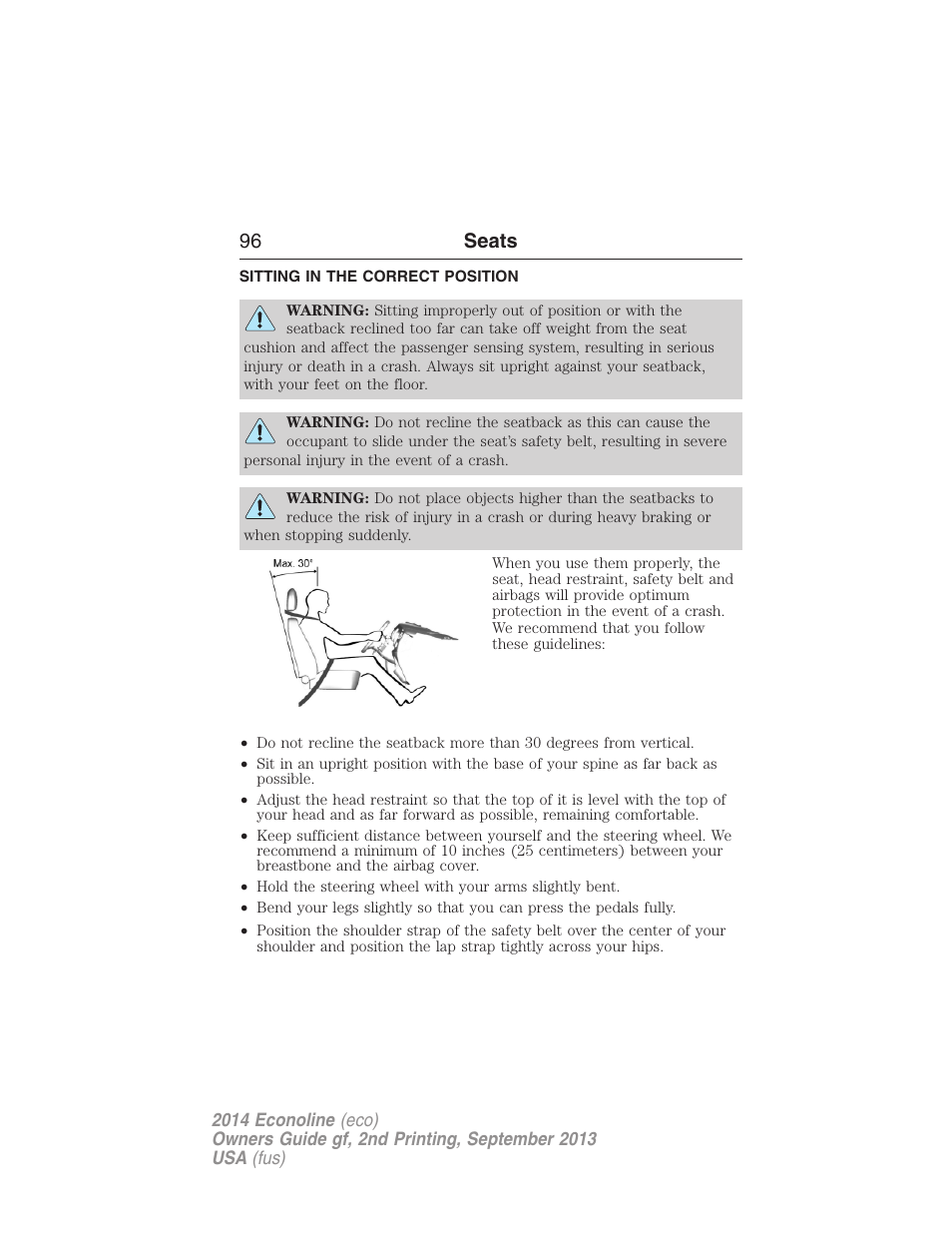 Seats, Sitting in the correct position, 96 seats | FORD 2014 E-450 v.2 User Manual | Page 97 / 443