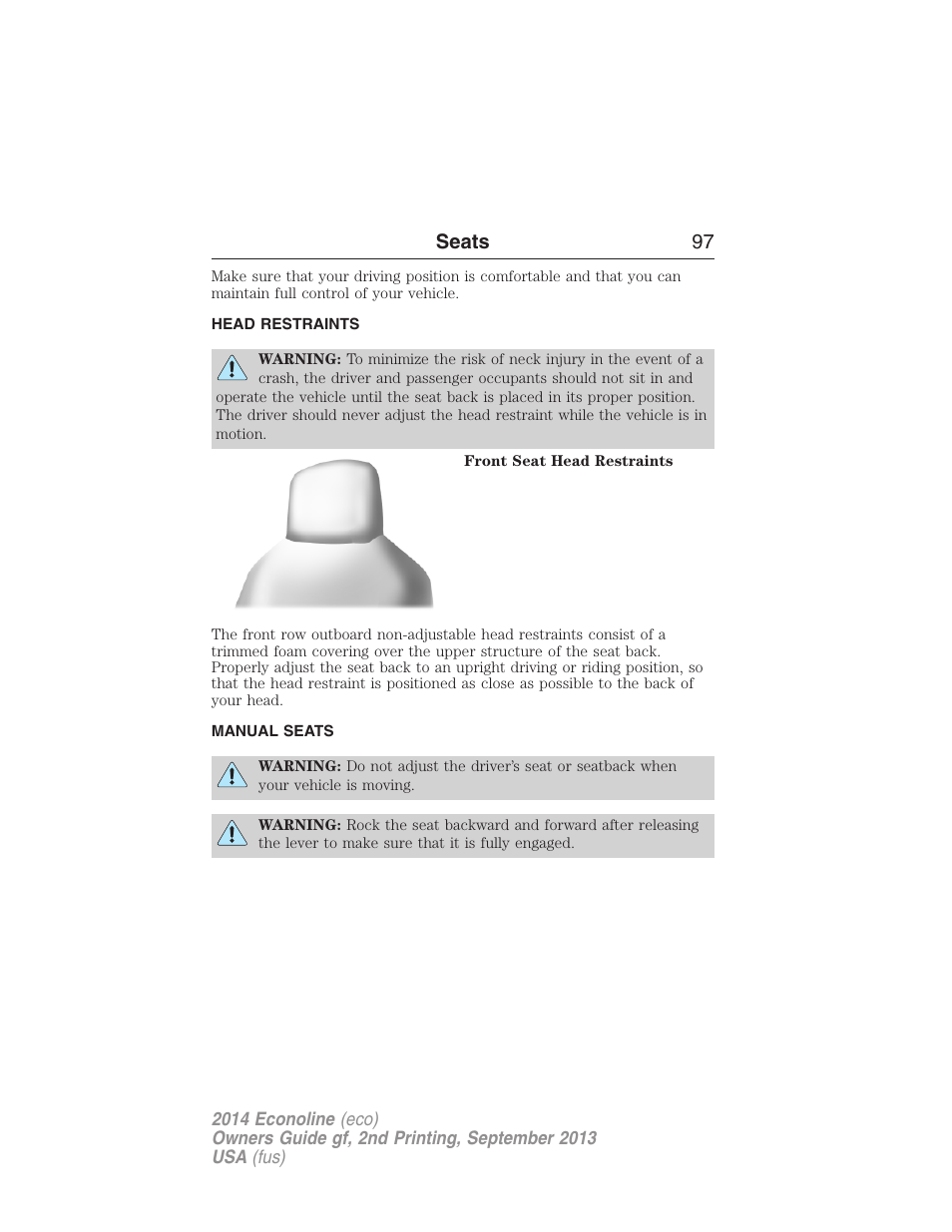 Head restraints, Manual seats, Seats 97 | FORD 2014 E-450 v.2 User Manual | Page 98 / 443