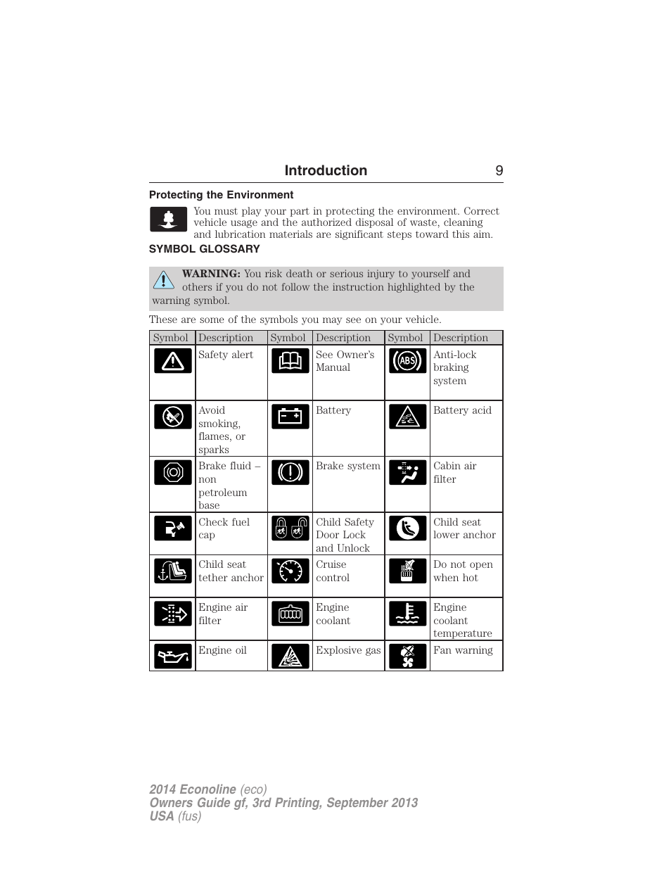 Protecting the environment, Symbol glossary, Introduction 9 | FORD 2014 E-450 v.3 User Manual | Page 10 / 455