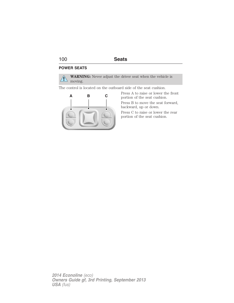 Power seats, 100 seats | FORD 2014 E-450 v.3 User Manual | Page 101 / 455