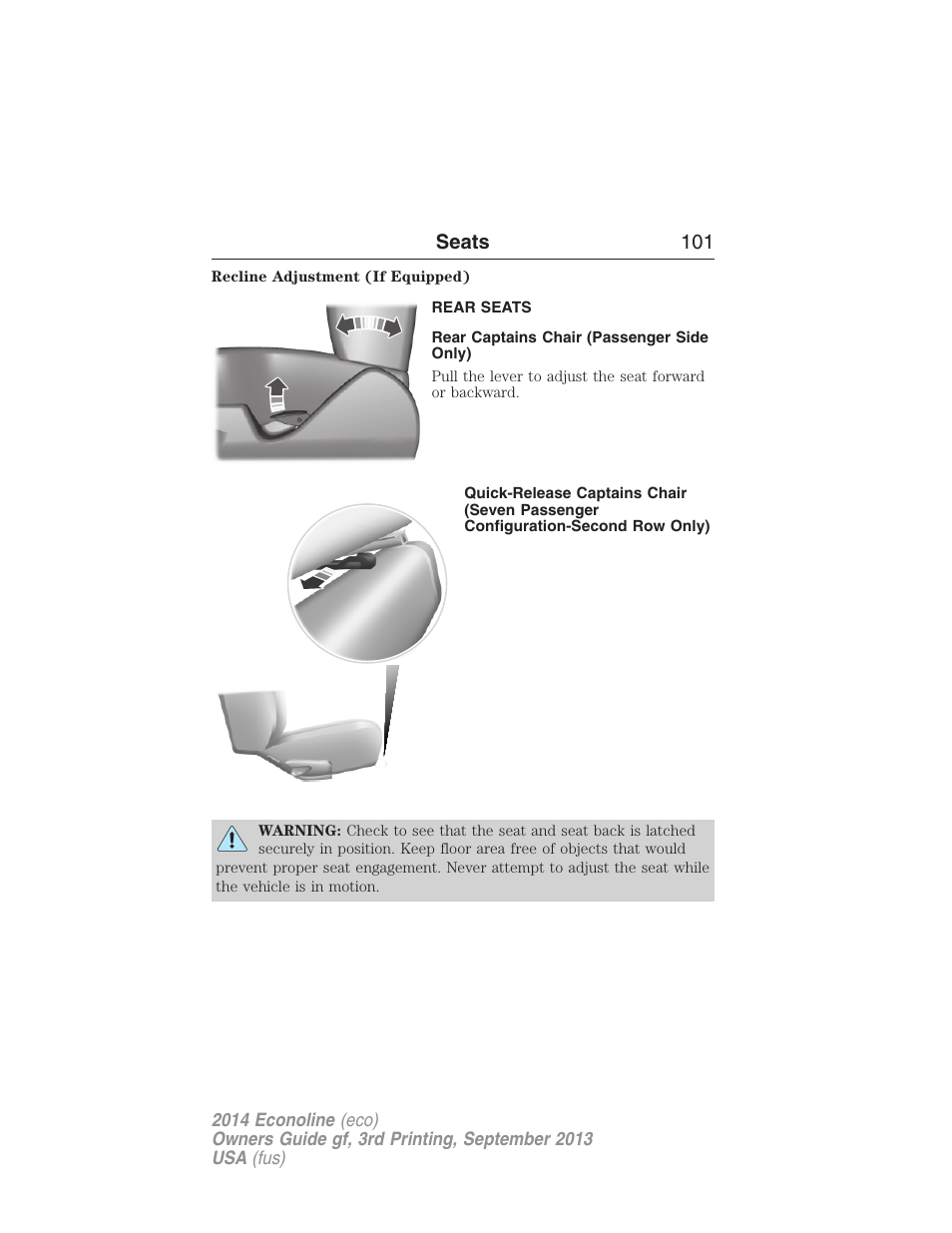 Rear seats, Rear captains chair (passenger side only), Seats 101 | FORD 2014 E-450 v.3 User Manual | Page 102 / 455