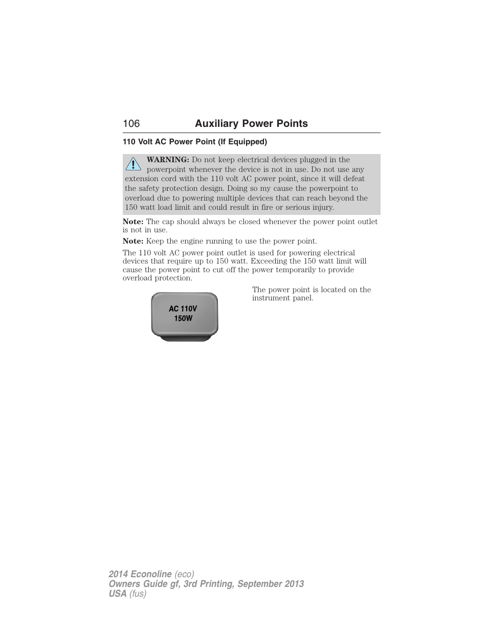 110 volt ac power point (if equipped), 106 auxiliary power points | FORD 2014 E-450 v.3 User Manual | Page 107 / 455