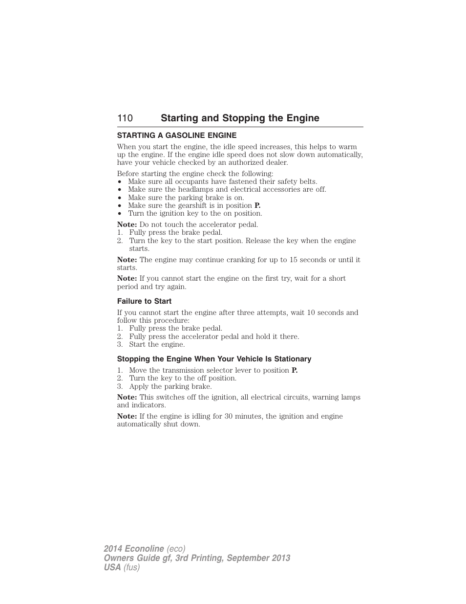 Starting a gasoline engine, Failure to start, 110 starting and stopping the engine | FORD 2014 E-450 v.3 User Manual | Page 111 / 455